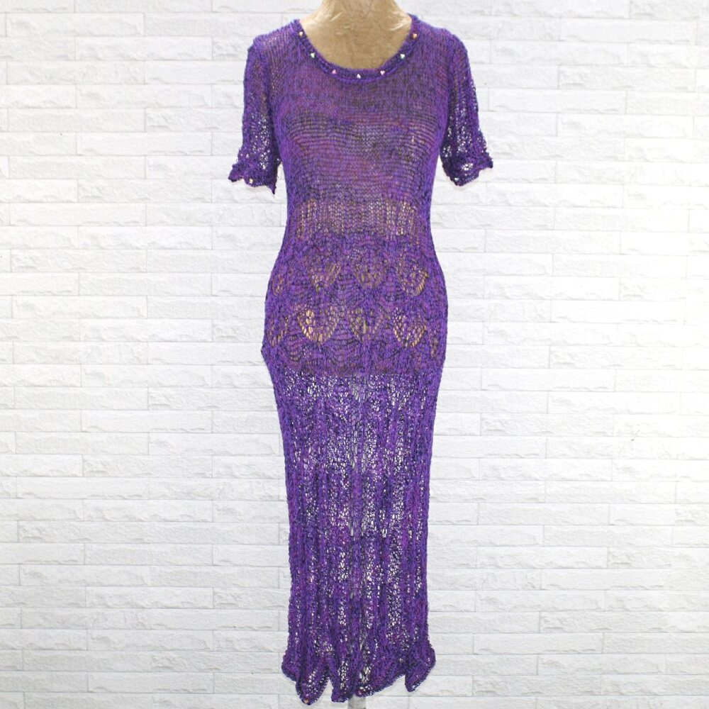 HAND CRAFTED Knit Crochet Dress Purple Lace Beaded Cocktail Sheer Midaxi Medium